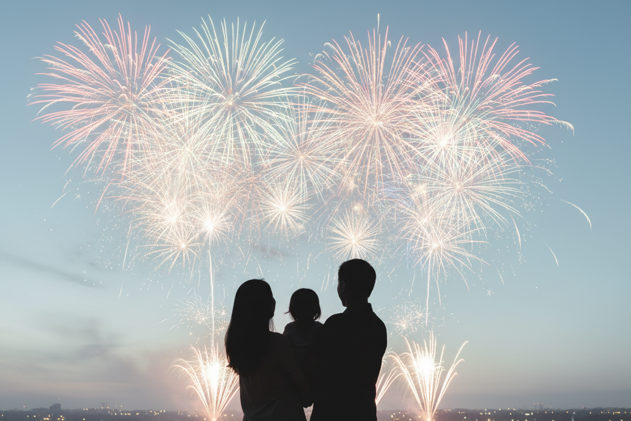 父母抱着孩子看烟花，背景淡蓝色